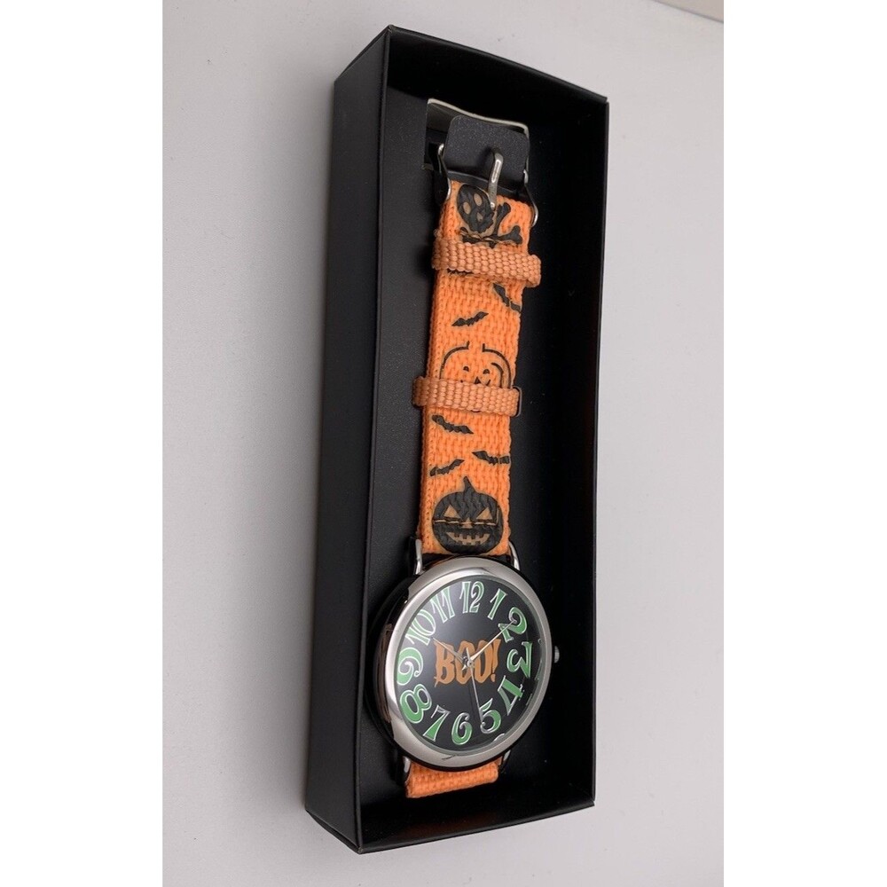 Avon Halloween BOO Pumpkin Wristwatch Orange Strap Green Numbers Needs Battery